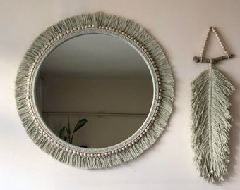 Green Macrame Mirror, Boho Wall Hanging, Living Room Decor (25.5")