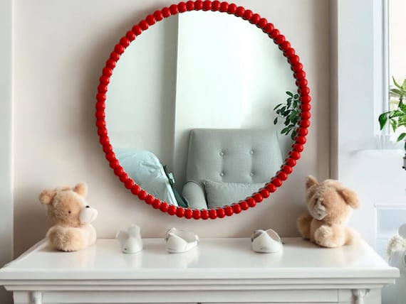 Beaded Nursery Mirror, Red Wooden Frame, Baby Room Decor