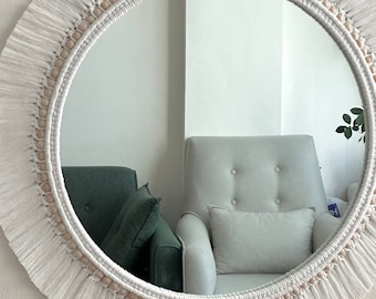 White Macrame Mirror, Beaded Boho Wall Hanging (31.4")