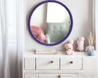 Large Purple Beaded Mirror, Boho Wall Hanging, Kids Room Decor