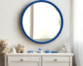 20" Round Boho Blue Beaded Wall Mirror, Baby Room Decor