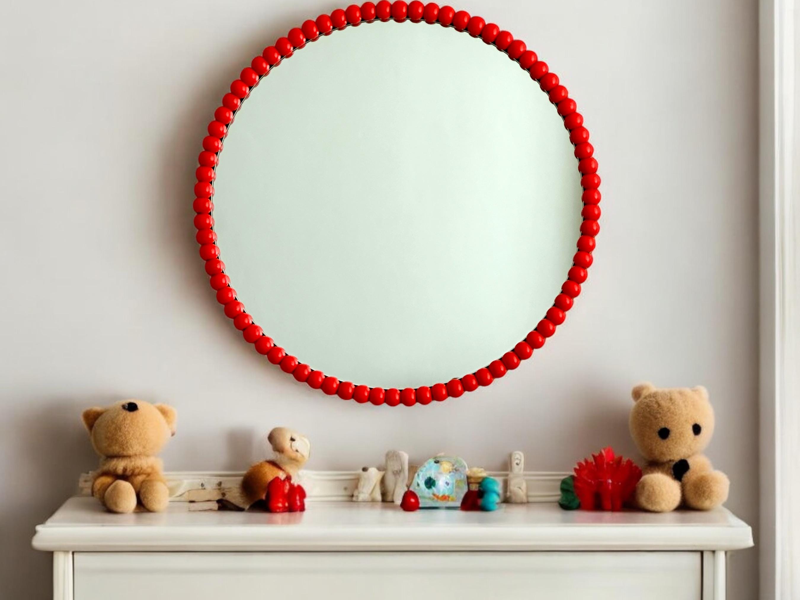 24" Red Round Mirror, Boho Baby Room Decor, Boho Home Decoration, Beaded Mirror, Modern Mirror with Red Frame, Christmas Gift, Newborn Gift