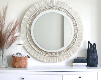 White Round Hanging Mirror, New Baby Room Decor, Wooden Mirror, Beaded Mirror, Bedroom Mirror, Living Room Decor, Macrame Mirror