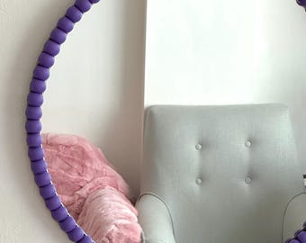 Large Purple Beaded Mirror, Boho Round Wall Hanging