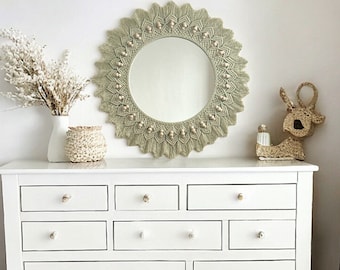 Green Macrame Mirror, Beaded Boho Wall Decor