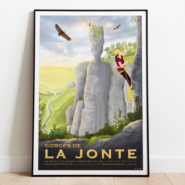 Poster Gorges de la Jonte, Klettern in den Cevennen in der Lozère – Zeichnung auf hochwertigem Papier gedruckt – Reiseplakat