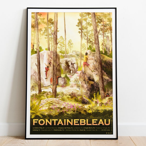 Affiche Fontainebleau, l'escalade de bloc en forêt aux portes de Paris - Tirage sur un papier de haute qualité - Livraison Point Relais®