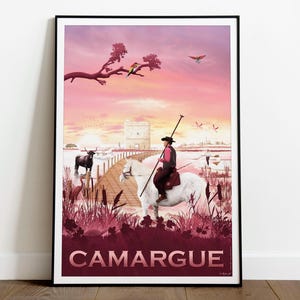 Cartel de la Camarga, Turismo del Gard en el sur de Francia. Dibujo de Mister AF en estilo vintage. Impresión de bellas artes en papel de calidad de museo.