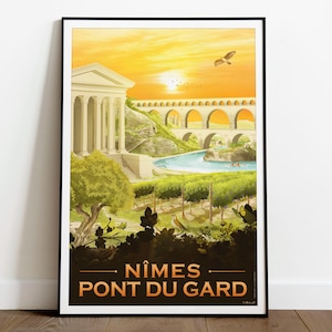 Póster Nimes Pont du Gard – Decoración de pared inspirada en el estilo Vintage Air France. Impresión artística giclée en papel de calidad de museo.
