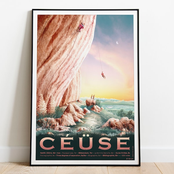 Affiche Céüse - La falaise d'escalade aux couleurs vintage, sur un papier de haute qualité. Decocation haute alpes - Livraison Point Relais