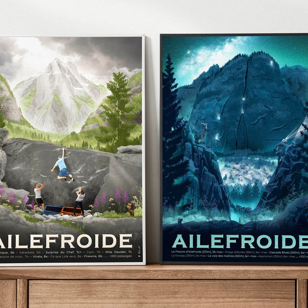 Lot de 2 affiches A2 d'escalade AUX CHOIX - Dessin vintage, cadeau ou décoration pour grimpeur, alpiniste et voyage - Livraison Point Relais