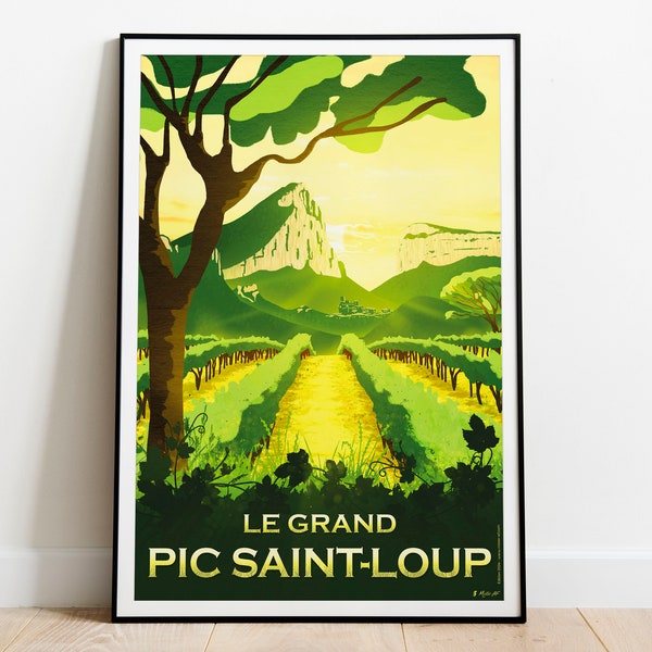 Pic Saint-Loup poster, mountain between Montpellier and the Cévennes - Drawing printed on high quality paper - Delivery Point Relais®