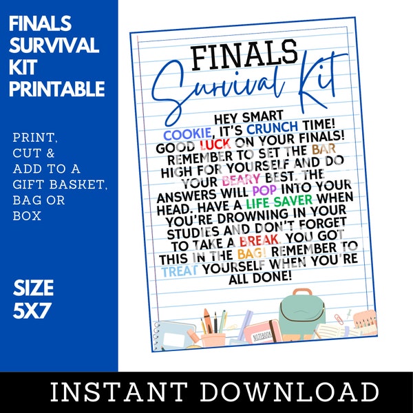 Finals Survival Kit, College Survival Kit, College Exam Survival Kit, Printable, Download