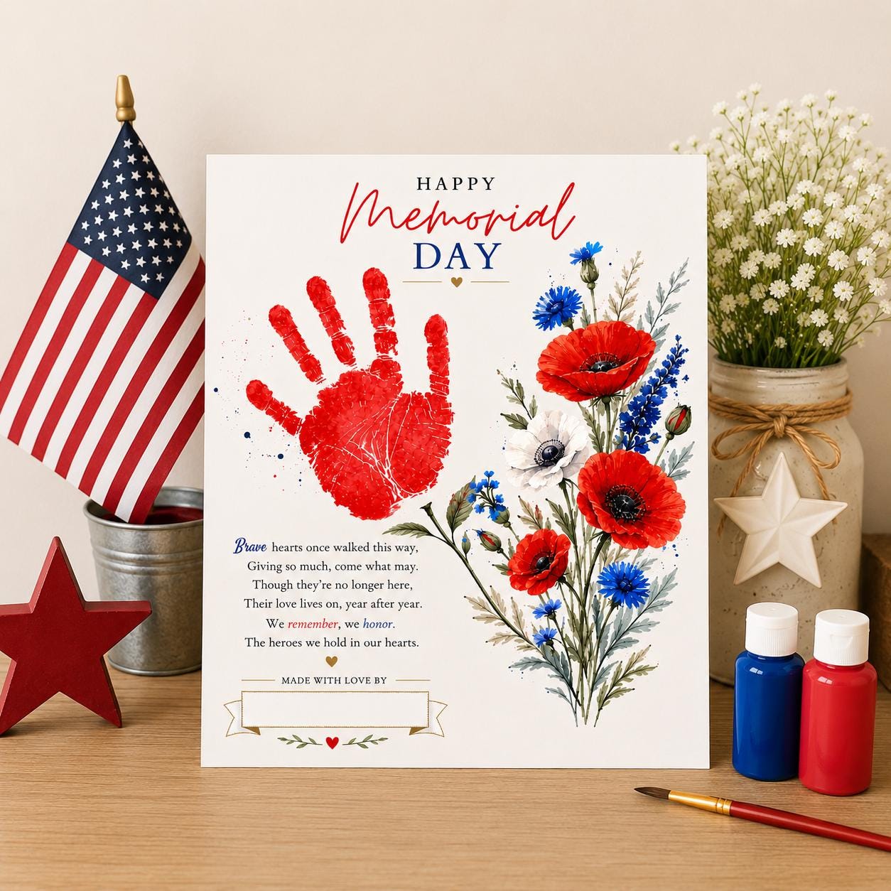 Memorial Day Handprint Art Printable | Patriotic Kids Craft | Poppy ...