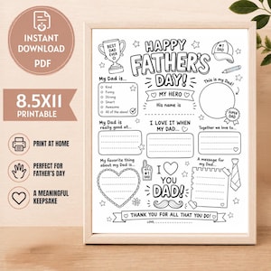 Pode incluir: Folha de atividades do Dia dos Pais imprimível em preto e branco com o texto "Happy Father's Day!" e seções para preencher. Inclui um troféu, um boné de beisebol e um espaço em forma de coração para uma mensagem.