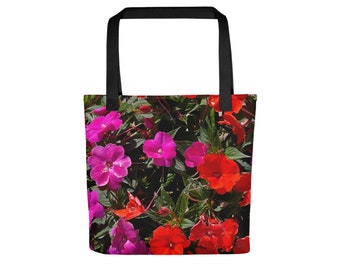 Pink and Orange Lined Tote - Impatiens Flowers shoulder Bag - Colorful Floral Purse - Sunny Botanical Carryall