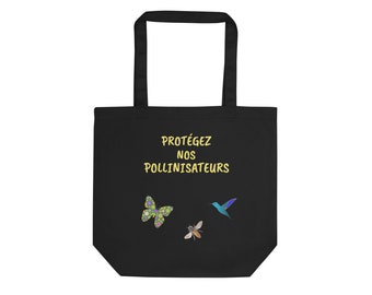 Econscious Black Cotton French Tote - Pollinators on Tote Bag - Nature Lover Gift - Protect Our Pollinators Message