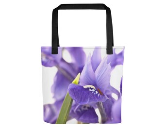 Purple and White Iris Tote - Iris Floral Purse - Lined Designer Shoulder Bag - Decorative Garden Carryall