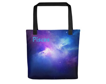 Astrology Tote - Pisces Zodiac Sign - February March Birthday - Personalized Shoulder Bag - Stars and Nebula Photograph