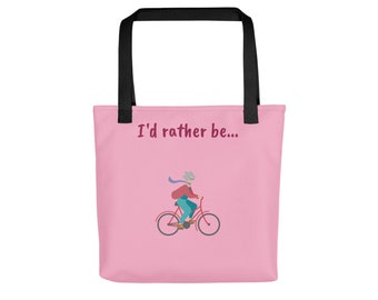 I Would Rather Be Biking Tote - Woman's Biking Shoulder Bag - Pink Teacher Carryall - Tote Bag Aesthetic - Bicycle Lover Purse