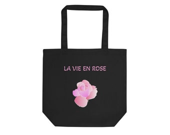 Econscious Cotton Twill Tote -  La Vie en Rose Bag - Colorful Pink Rose on Black Shoulder Bag - Nature Lover Gift