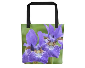Purple and Green Iris Tote - Iris Floral Purse - Lined Designer Shoulder Bag - Decorative Garden Carryall