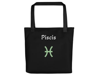 A personalized Spanish Piscis zodiac sign tote for February March birthdays. An astrology shoulder bag with a mystic green cosmic symbol.