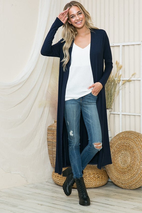 Navy Blue Long Sleeve Maxi Cardigan With Pockets - Etsy Australia