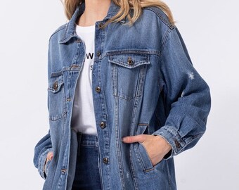 Dropped Shoulder Denim Jacket with Pockets main image 1