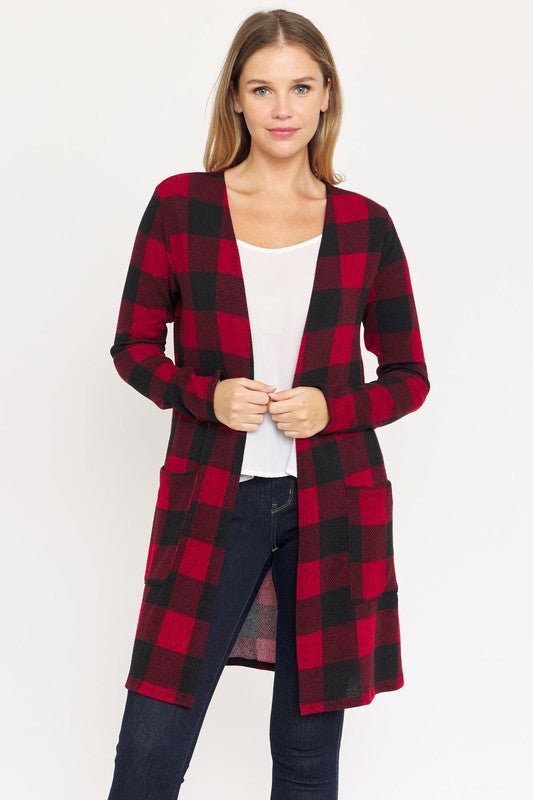 red wine plaid pocket open cardigan