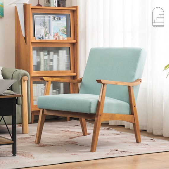 Solid Wood Retro Light Green Accent Chair Minimalist Single Etsy