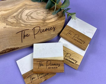 Custom Engraved Marble & Wood Coaster Set | housewarming gift | personalized wedding gift | Gift for The Home | engagement gift