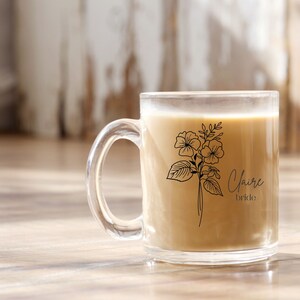 Bride Glass Mug Gift, Glass Floral Mug, Maid of Honor, Bridesmaid Mug, Personalized Mug, Custom Glass Mug, Bridal Party Gift, Birth Flower