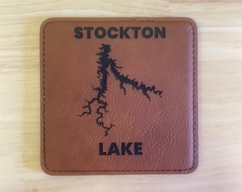 Stockton Lake Coaster Set of 6 | Personalized Lake Gift | Vegan Leather Coaster Set | Vegan Leatherette | Custom Coasters | Lake Gift Set
