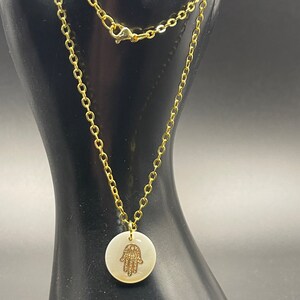 Fresh water shell pendant, Hamsa Hand, Gold chain