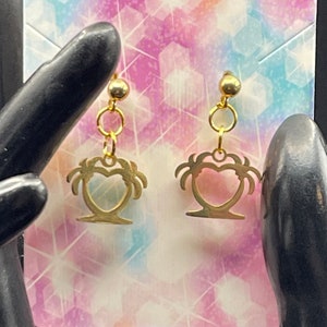 Gold Palm Tree Charm Earrings, Stainless