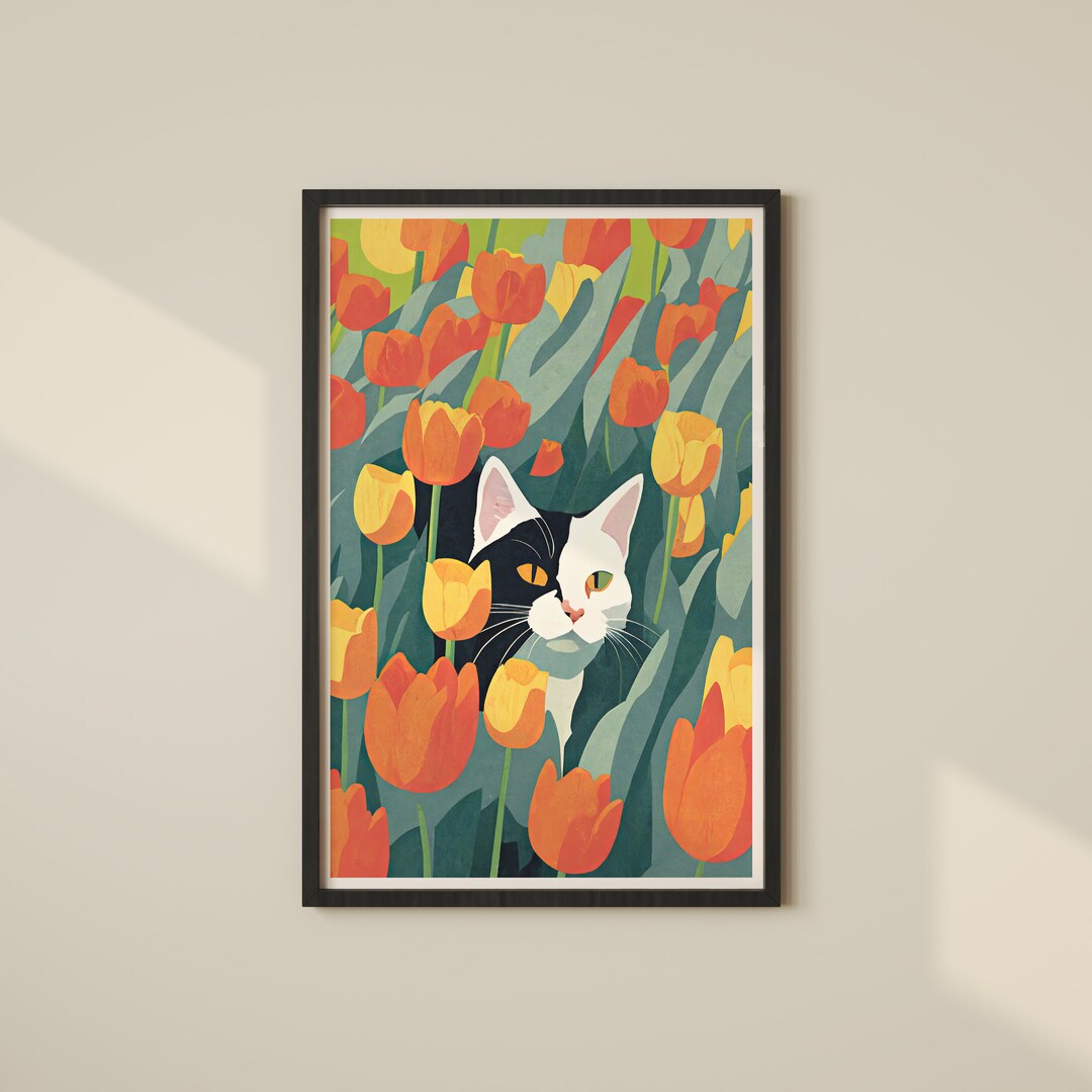 Tulip Artwork, Cats and Plants Wall Art, Tulip Art Decor, Cat Floral Oil Painting Style Print