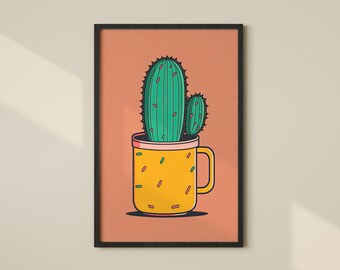 Vibrant Cactus Poster Print, Bold Wall Art, Succulent Lover Gift, Cacti Decor, Cactus Wall Art, Coral Color Block Print