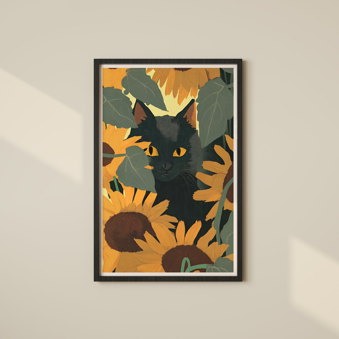 Sunflower Artwork, Cats and Plants Wall Art, Sunflower Art Decor, Cat