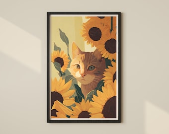 Sunflower Artwork, Cats and Plants Wall Art, Sunflower Art Decor, Cat Floral Oil Painting Style Print, Sunflower Cat Poster