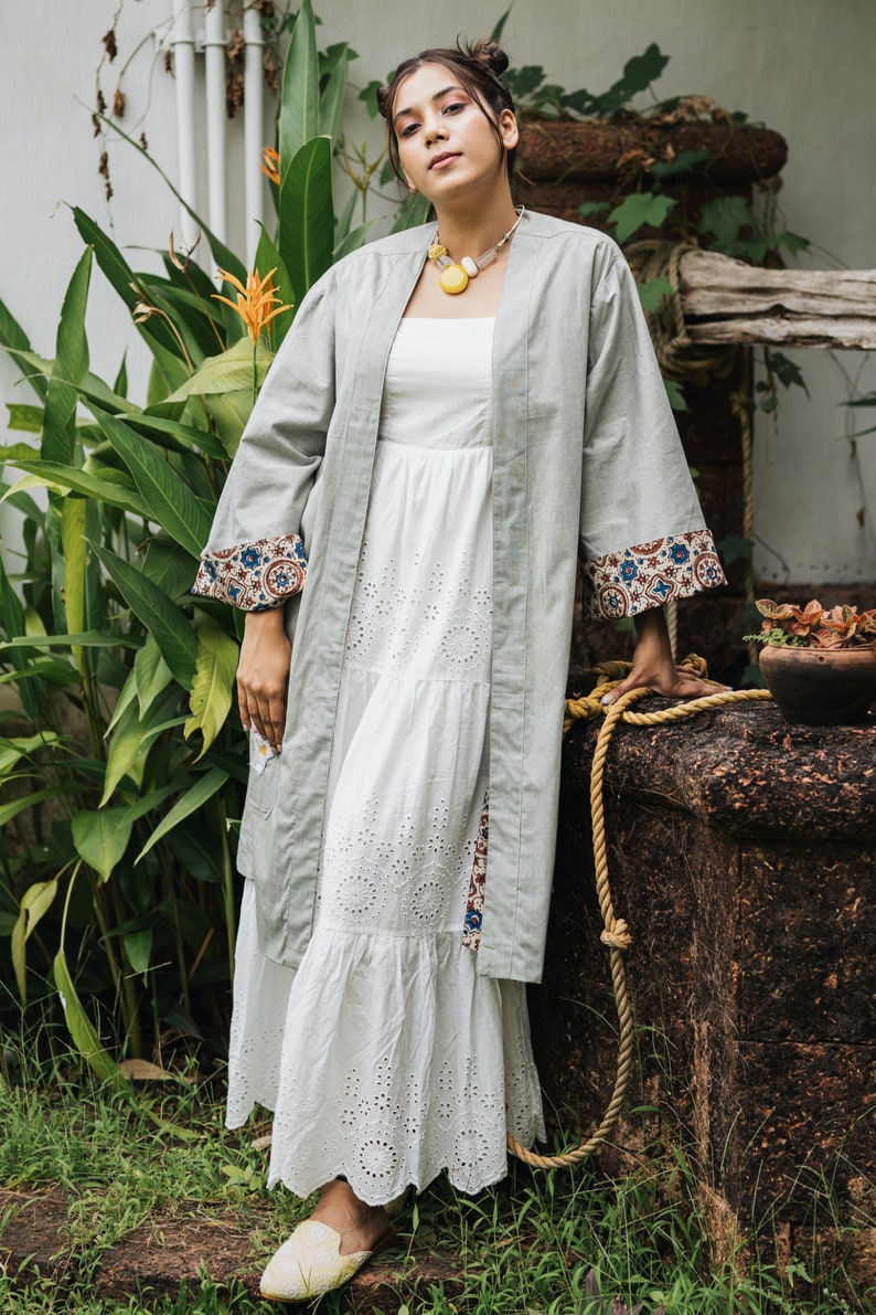 Ayurveda Herb Dyed Handloom Cotton & Ajrakh Reversible Robe One Size Ethical Ecofriendly Robe Handmade Artisanal Robe Feminist Clothes Sage