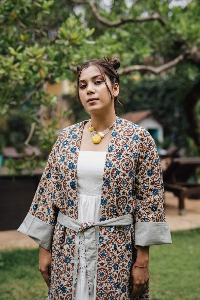 Ayurveda Herb Dyed Handloom Cotton & Ajrakh Reversible Robe One Size Ethical Ecofriendly Robe Handmade Artisanal Robe Feminist Clothes image 6