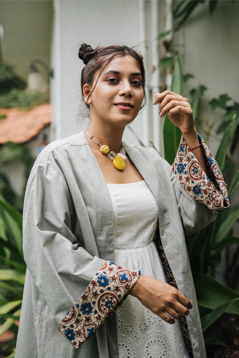 Ayurveda Herb Dyed Handloom Cotton & Ajrakh Reversible Robe One Size Ethical Ecofriendly Robe Handmade Artisanal Robe Feminist Clothes image 5