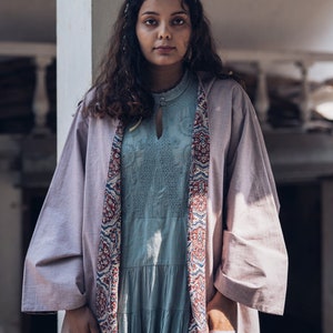 Ayurveda Herb Dyed Handloom Cotton & Ajrakh Reversible Robe One Size Ethical Ecofriendly Robe Handmade Artisanal Robe Feminist Clothes Lilac