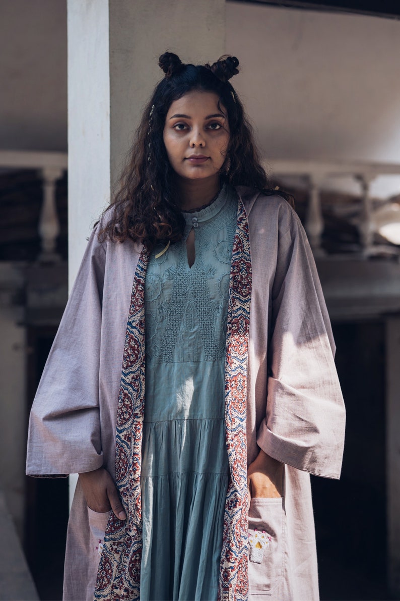 Ayurveda Herb Dyed Handloom Cotton & Ajrakh Reversible Robe One Size Ethical Ecofriendly Robe Handmade Artisanal Robe Feminist Clothes Lilac