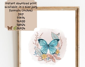 mariposa morpho azul imprimible, estilo moderno boho, descarga instantánea, arte de línea original de acuarela, JPEG, guardería o de lo contrario, floral simple