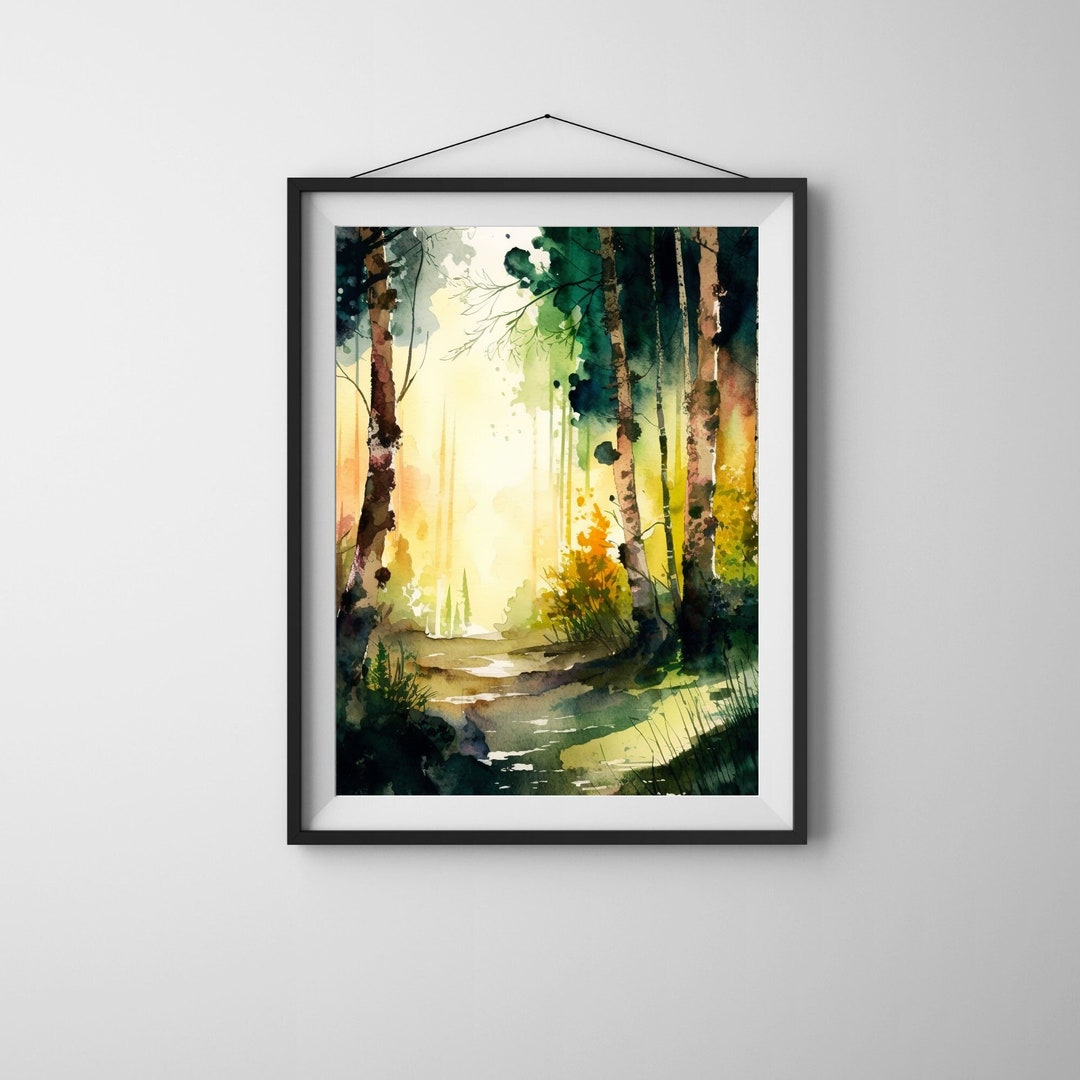 Green Forest Watercolor Landscape Printable,aquarelle Forest,instant