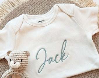Embroidered Onesies® Brand, Personalized Baby Onesies® Custom Natural Neutral Onesies® Baby Name Onesie® Girl, Boy Pregnancy Announcement Z4