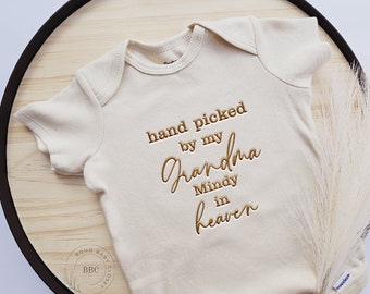 Embroidered Hand Picked by My Grandma In Heaven Onesie® Brand, Bodysuit, Custom Grandma Onesie® Pregnancy Announcement, Baby Shower