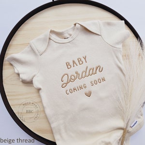 Embroidered Baby Name Onesie® Girl, Boy, Pregnancy Announcement Onesies® Brand Baby Coming Soon Onesies® Custom Natural Neutral Onesies® Z25